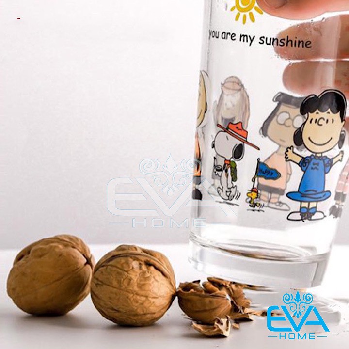 Ly Thuỷ Tinh Chia Vạch Hoạ Tiết Hoạt Hình Có Nắp Đậy Kín Hơi 400 Ml Tặng Kèm Ống Hút Thuỷ Tinh An Toàn