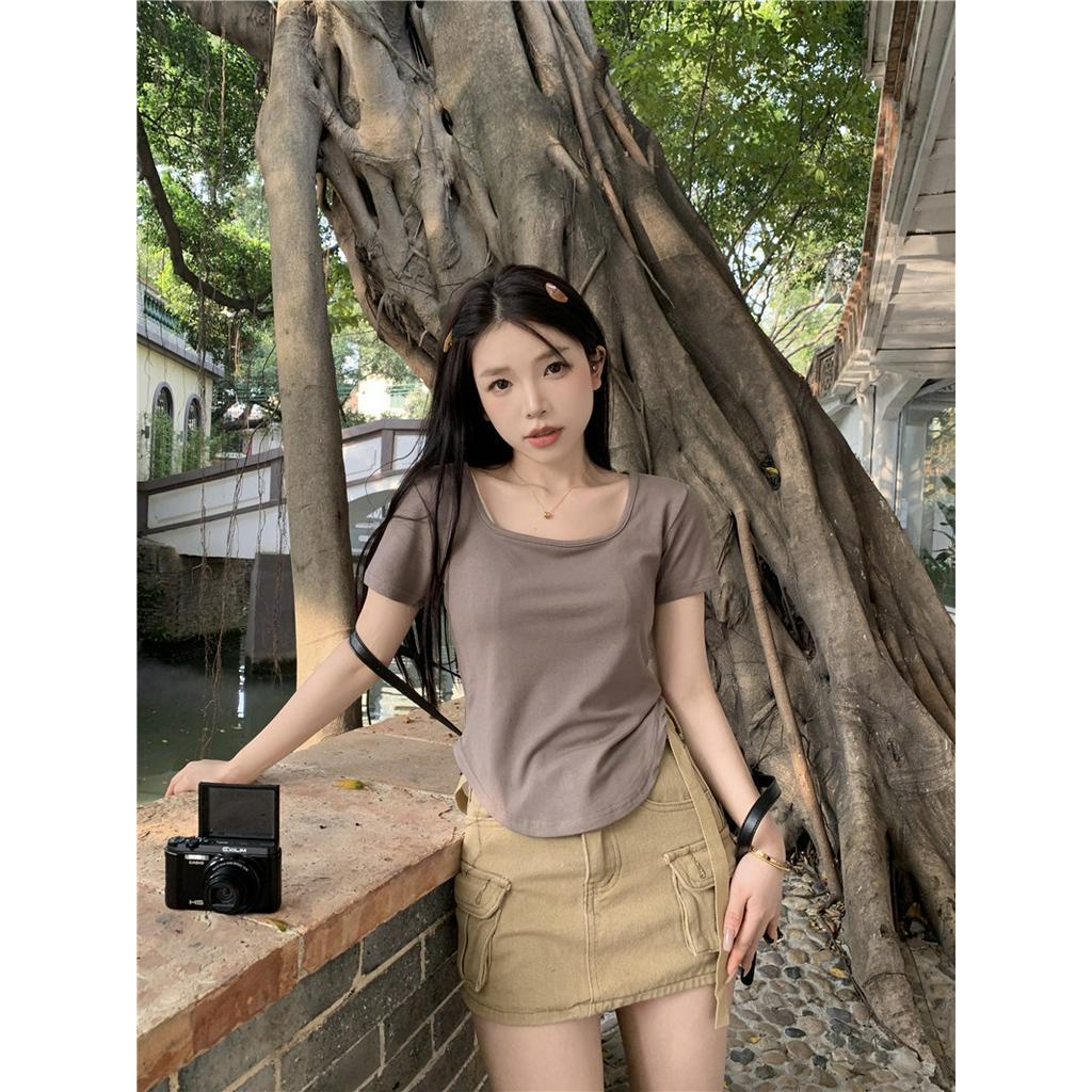 Áo Thun Cổ Vuông Ngắn Tay Phong Cách Hàn Quốc Cá Tính 62376