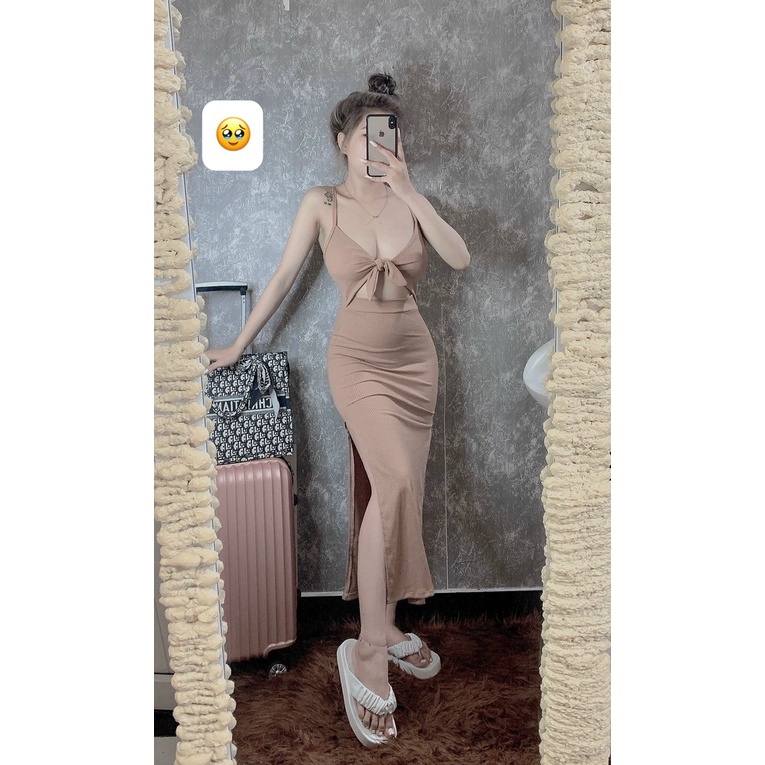 Đầm hai dây ôm body cột nơ ngực dáng dài xẻ tà chất thun gân mềm mịn có mút ngực