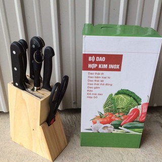 BỘ DAO KÉO 7 MÓN HỢP KIM INOX KÈM ỐNG CẮM BẰNG GỖ