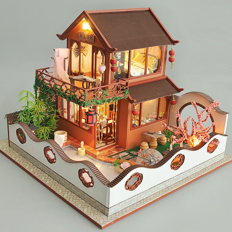 Mô hình nhà DIY Doll House Ancient Style Paradise kèm Mica Chống bụi, Hộp nhạc, Bộ dụng cụ và Keo dán