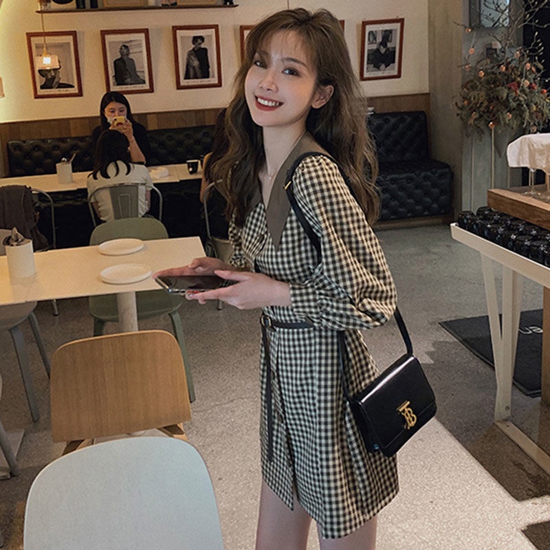 Đầm chữ A tay dài cổ búp bê họa tiết sọc caro phong cách retro cho nữ