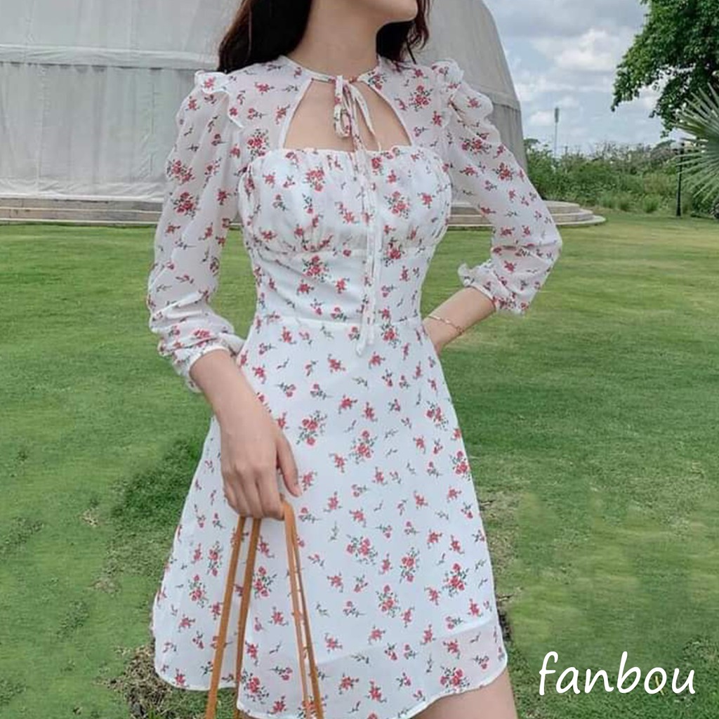 Đầm Nữ Lụa Hoa Xinh Vintage Cổ Bèo Xéo Tay Dài | BigBuy360 - bigbuy360.vn