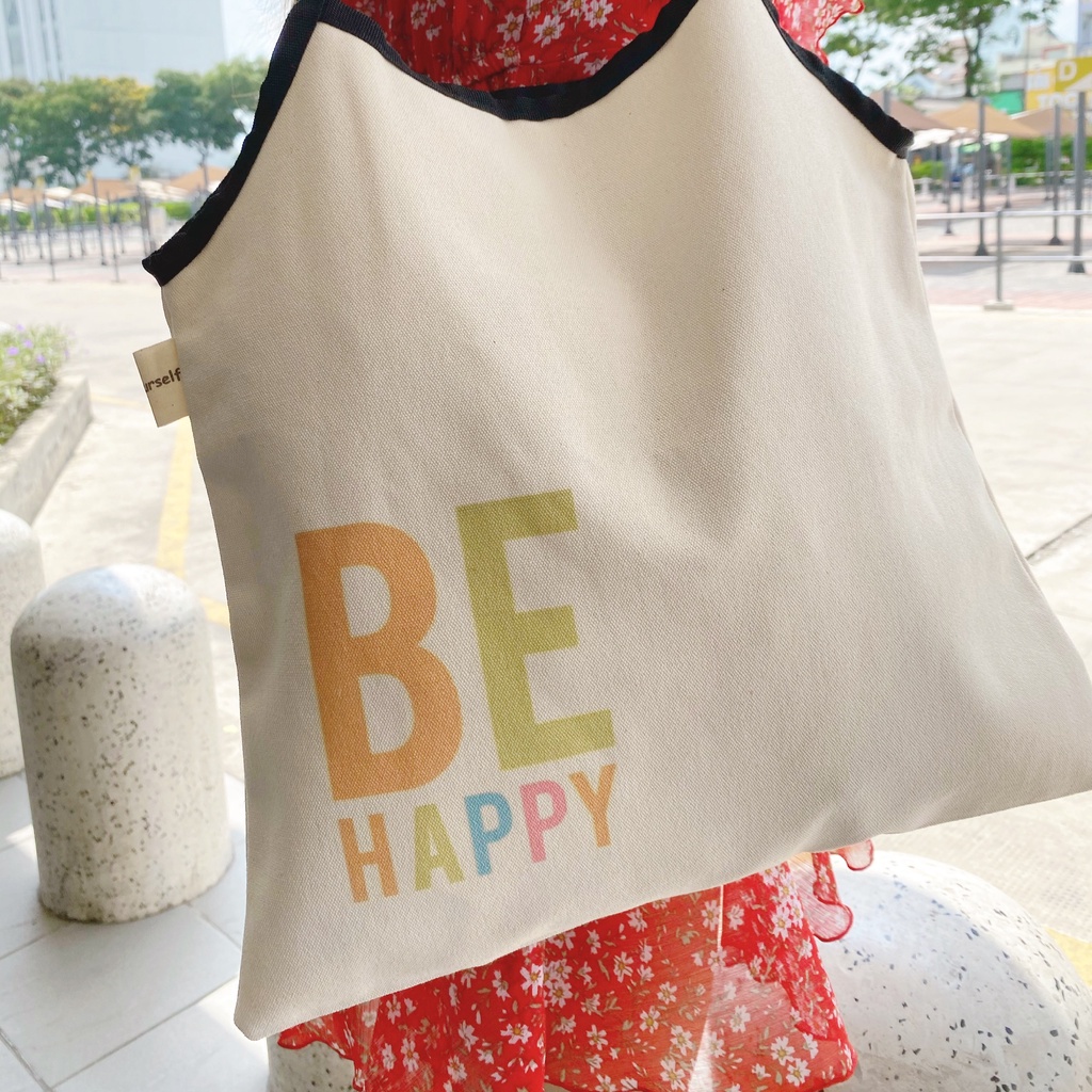 Túi tote BEKIND/BE HAPPY vải canvas mộc màu kem viền đen Tadi house vintage style