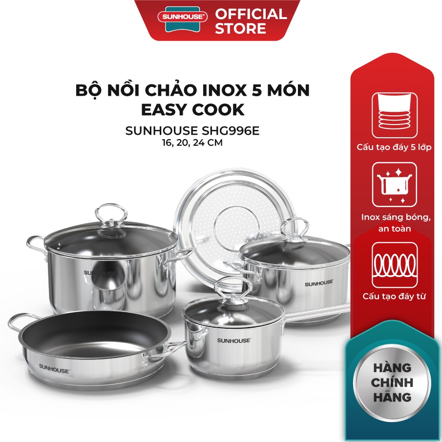 [Mã LIFEHL25 giảm 10% đơn350K] Bộ nồi chảo inox 5 món Easy Cook SUNHOUSE SHG996E