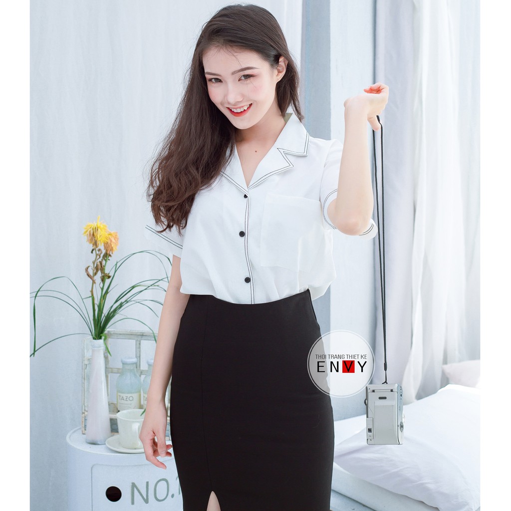 Áo Sơ Mi Tay Ngắn Nữ Cổ Vest Viền ENVY S0579