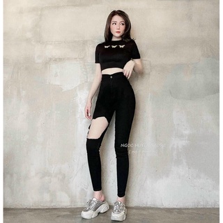 Quần skinny lưng cao co giãn rách ô