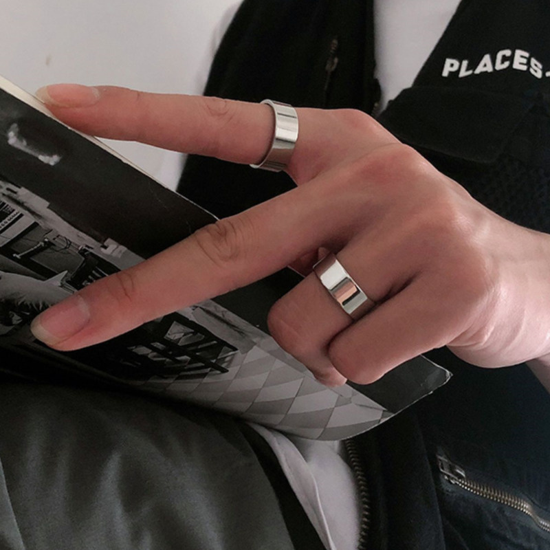 Nhẫn bạc bóng thép titan thiết kế đơn giản phong cách hiphop dành cho nam nữ