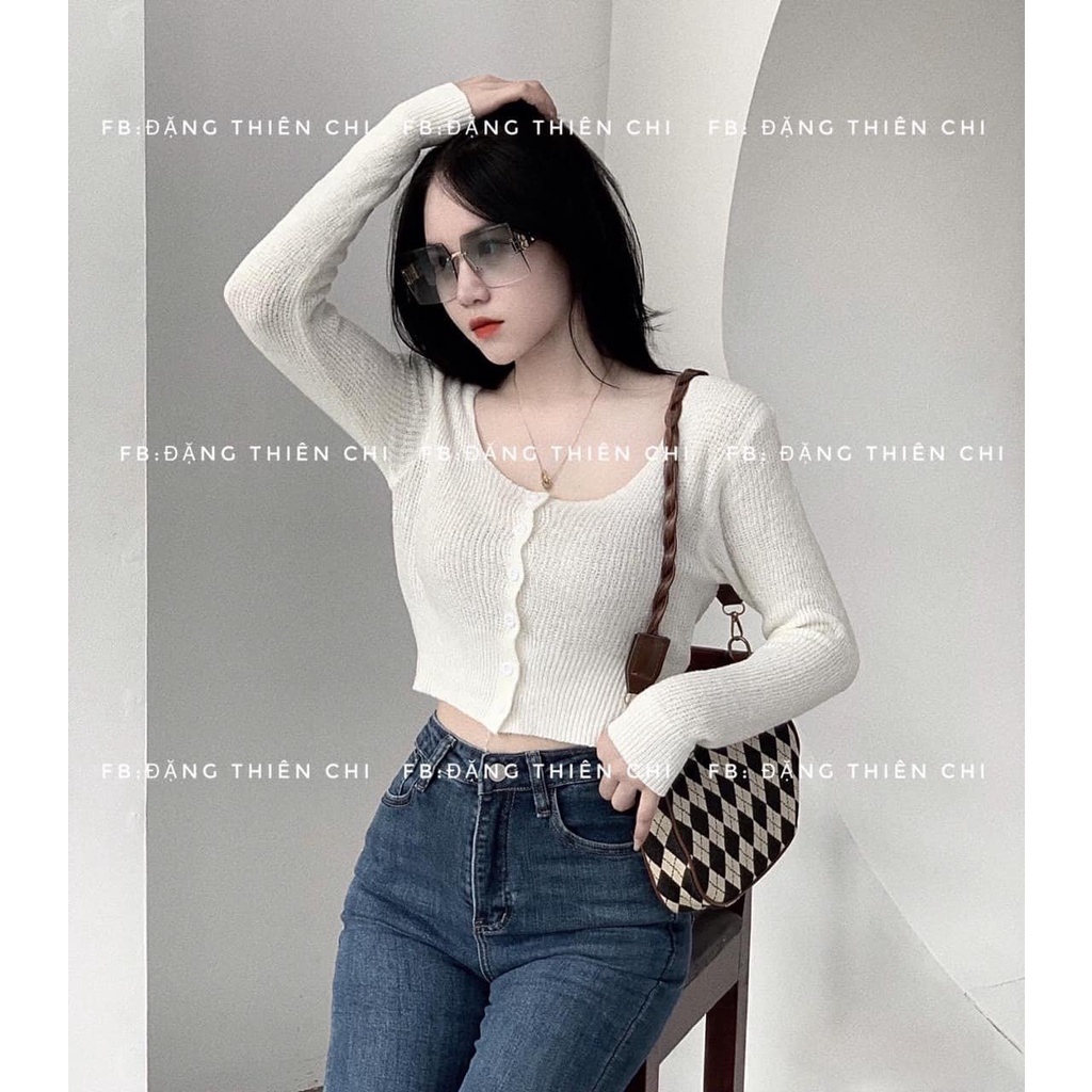 Shynstores Áo len nữ croptop dài tay cúc dọc vải len dệt kim cao cấp nhiều màu