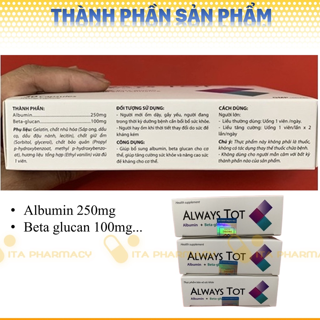 Viên Uống Tăng Sức Đề Kháng ALWAYS TOT Bổ sung Albumin và betaglucan cho cơ thể Hộp 30 viên