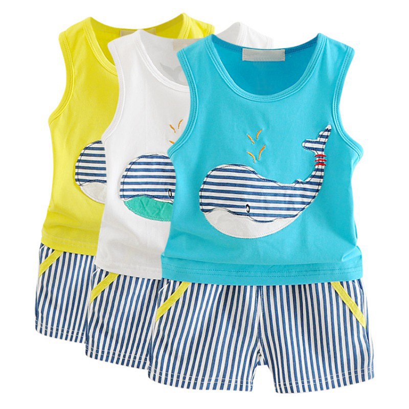 Set áo thun không tay họa tiết cá voi kèm quần ngắn kẻ sọc thoải mái cho bé trai