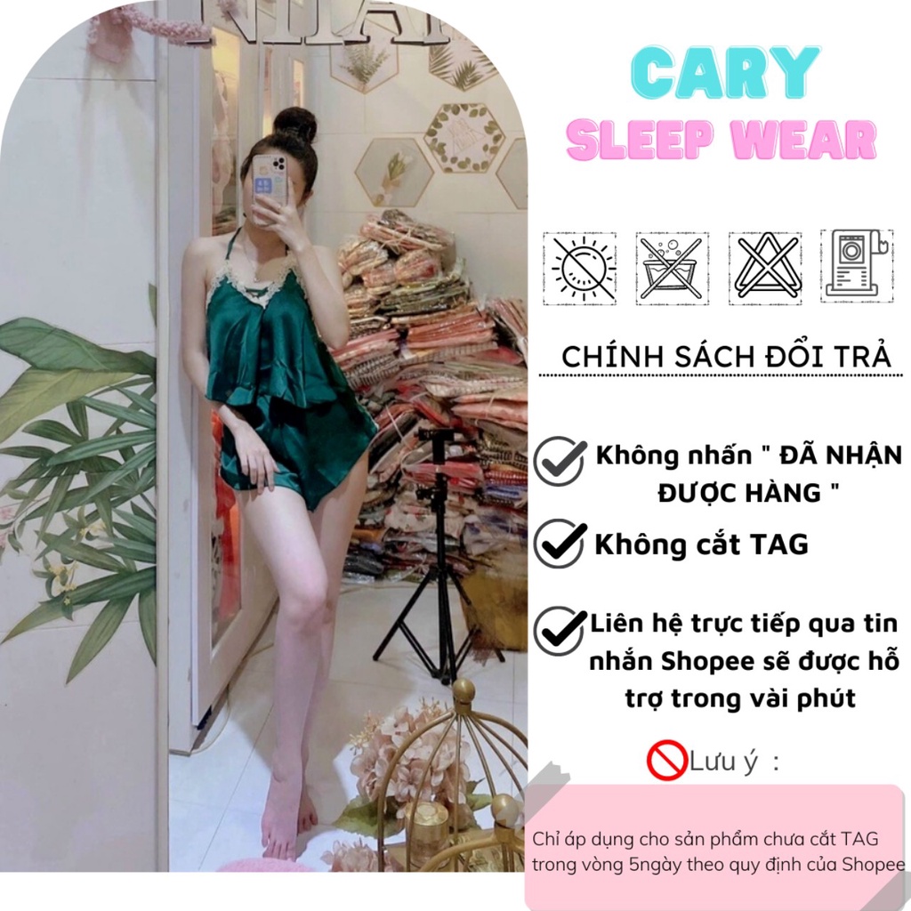 Đồ ngủ nữ sexy chất lụa satin cao cấp mặc nhà, bộ ngủ yếm phối ren gợi cảm bigsize CARY