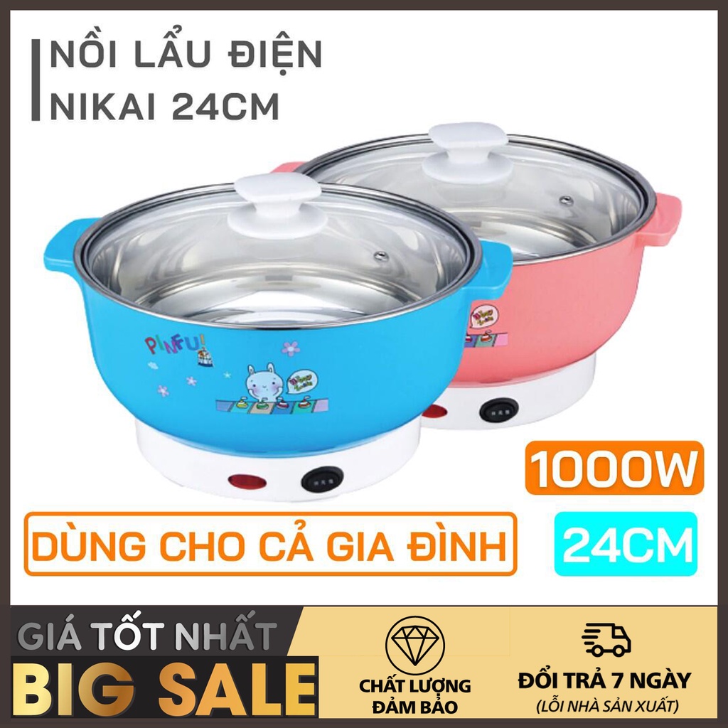 Nồi lẩu điện mini, lẩu đa năng gia đình 24 cm, 26cm, 28cm, vung kính Đáy Inox, 1000W - nồi nấu mì, Bếp ăn lẩu gia đình