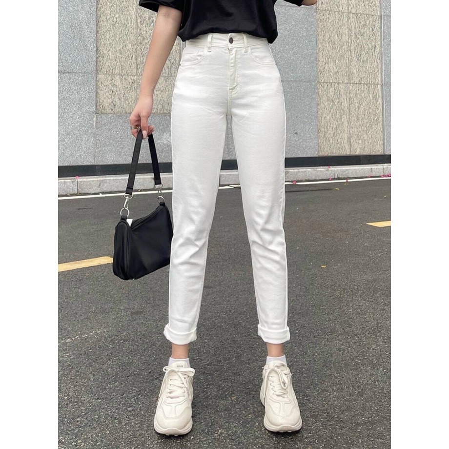 Quần jean nữ boyfriend baggy trơn dài đen và trắng co giãn HQJEANS