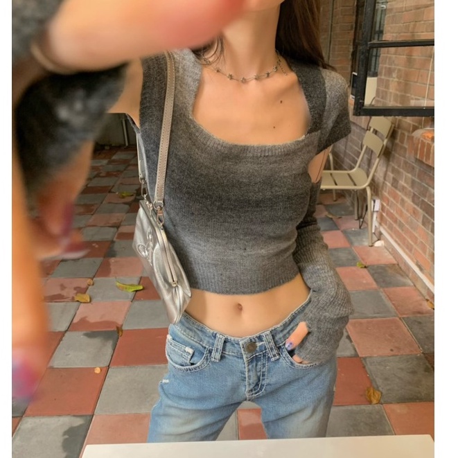 QKOOLE  Áo croptop Dệt Kim Tay Dài Cổ Vuông Kiểu Vintage Hàn Quốc Dễ Thương Cho Nữ
