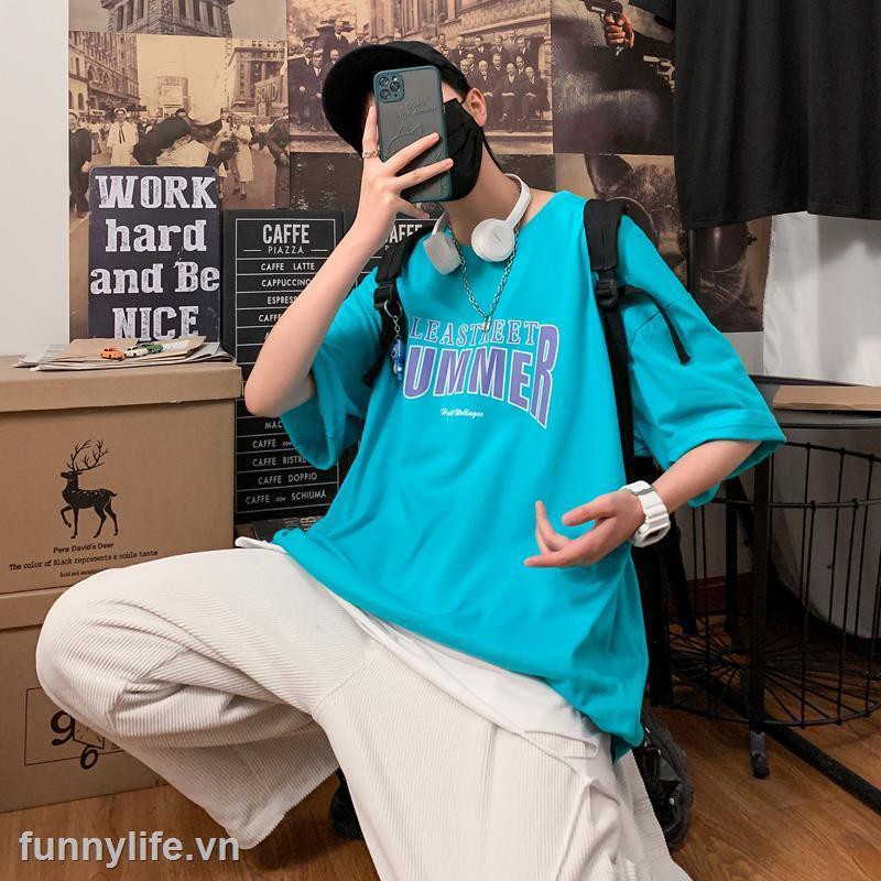 2021Lake blue hiphop fried street short-sleeved t-shirt male Korean version of the trend loose oversize compassionate ins tide brand body