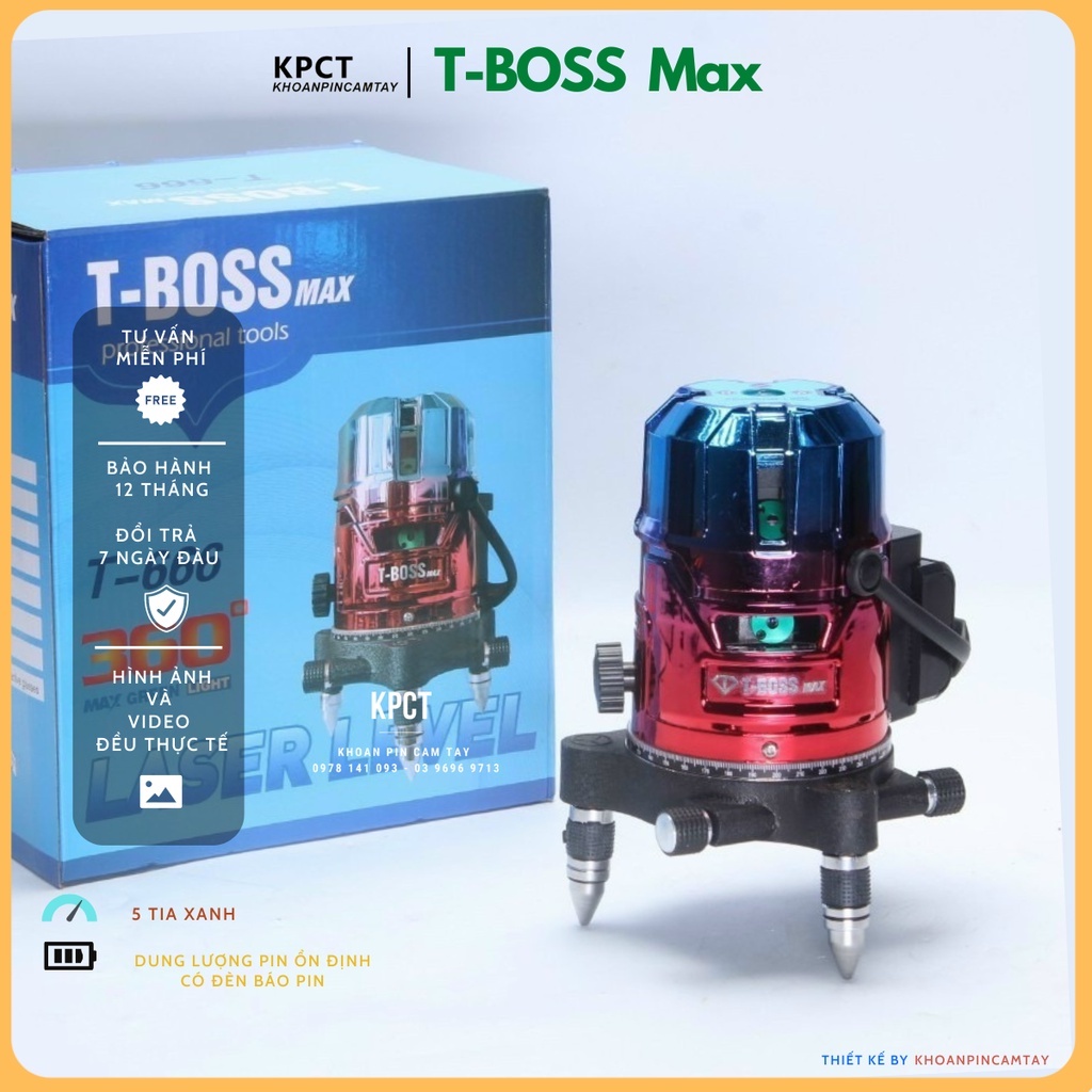 Máy Cân Bằng Laser, Máy Bắn Cốt 5 Tia Xanh T-BOSSmax 666 - Bóng LED - 2 Pin Sạc, 1 Pin Hiển Thị % - Điều Khiển Từ Xa
