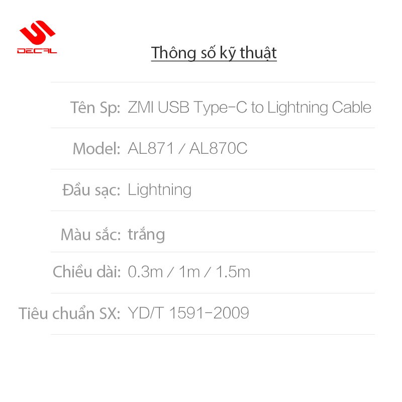 Cáp sạc USB - C to Lightning ZMI, MFi, Hỗ trợ sạc nhanh PD, Model AL870