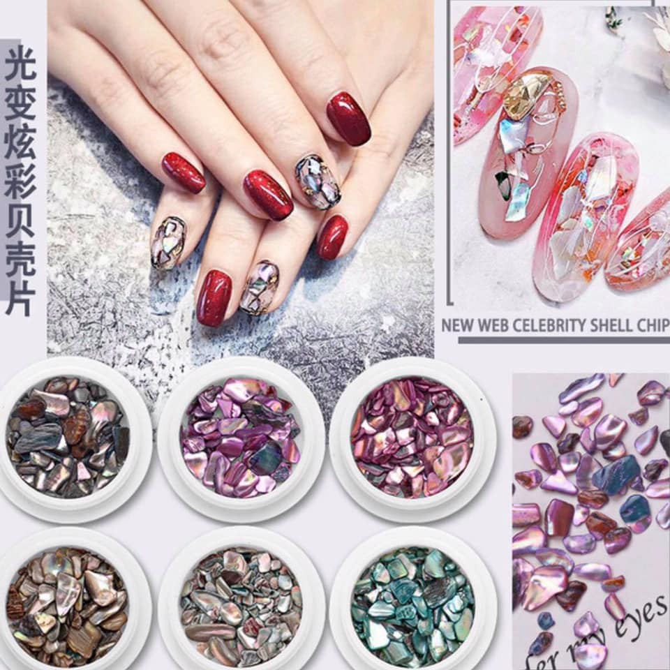 Sét Xà Cừ Sỏi Trang Trí Móng Nail Với Màu Sắc Tự Nhiên Pha Lê trong Suốt  (Sét 6 Hũ)