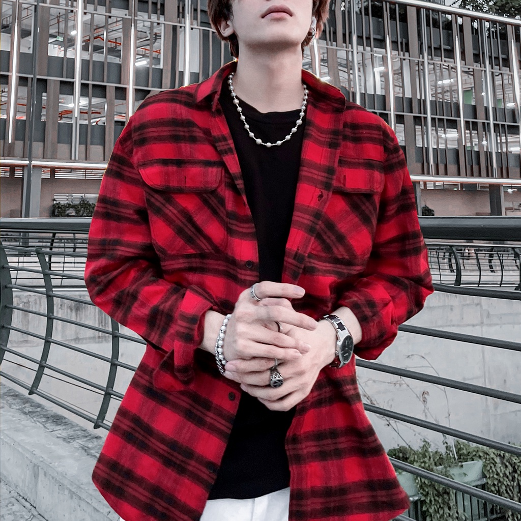 Áo Sơ Mi Flannel Màu Đỏ Sọc Xanh