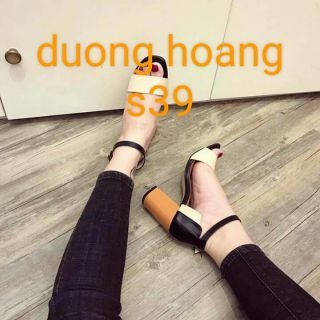 giày gót vuông 7 phân da lộn quai chéo