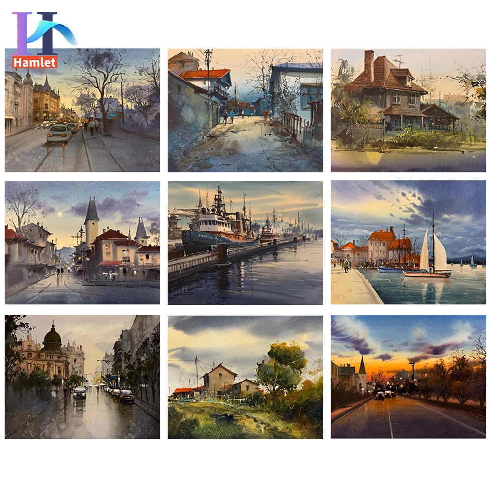 Bộ tranh sơn dầu acrylic Hamlet tô màu theo số phong cảnh hoàng hôn đồng quê Tây Ban Nha trang trí nhà cửa cỡ 40x50cm