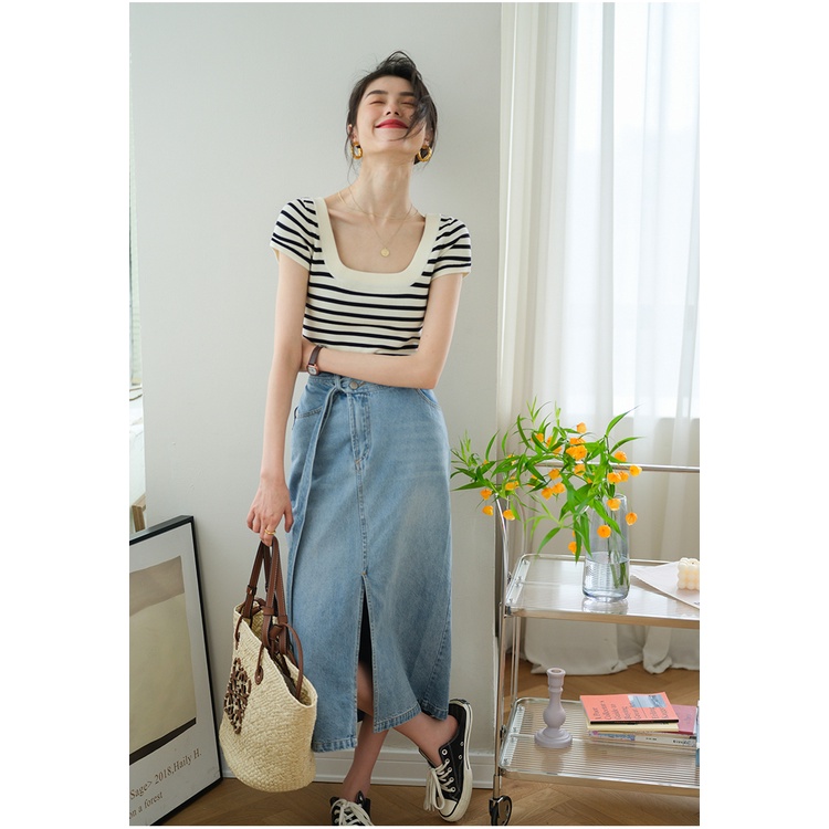 Áo thun ZHELIHANGFEI tay ngắn họa tiết sọc năng động thời trang theo phong cách retro