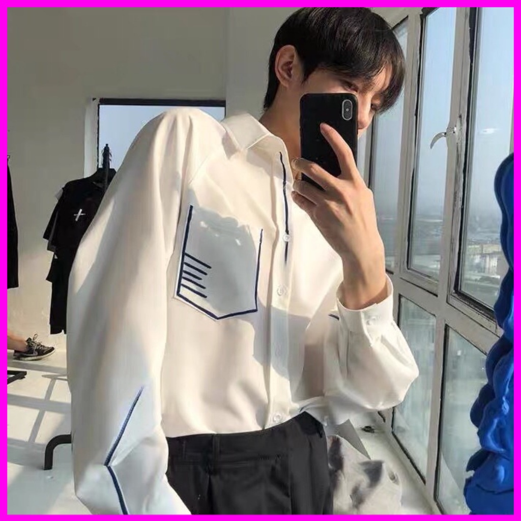 Áo sơ mi nam kẻ vièn túi áo phong cách hồng Kông thanh lịch 2022