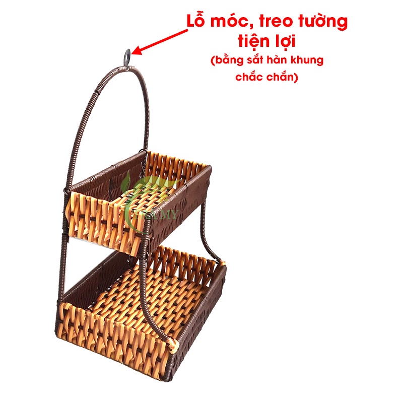 Kệ 2 tầng treo dây nhựa mây đan tròn và dẹp kết hợp mang công năng tiện lợi và thẩm mỹ cao - Mây Tre Trà My