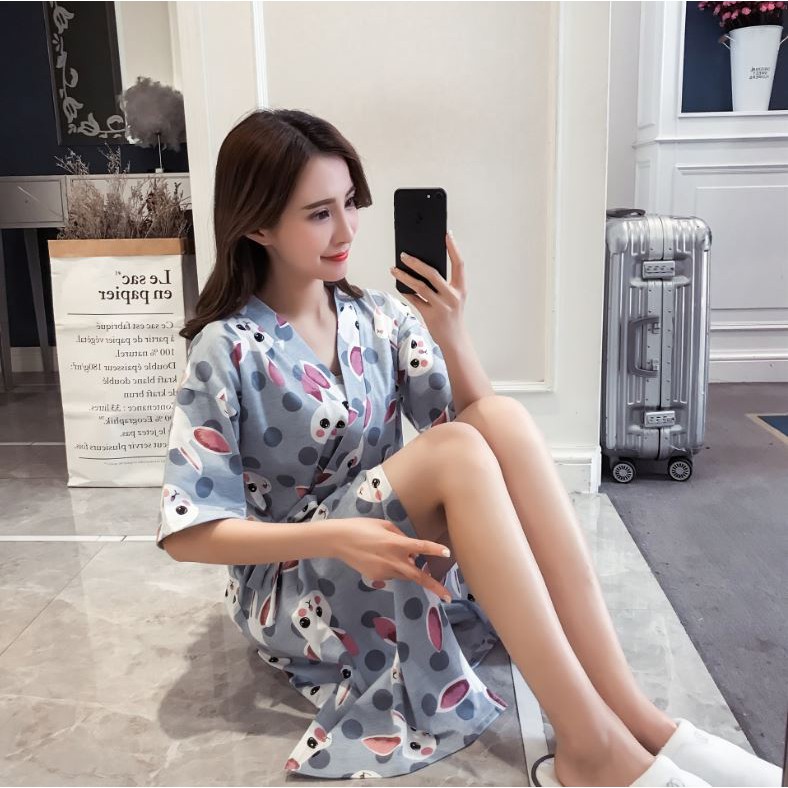 Áo choàng ngủ kimono mặc nhà - Họa tiết Thỏ xám DN023 | BigBuy360 - bigbuy360.vn