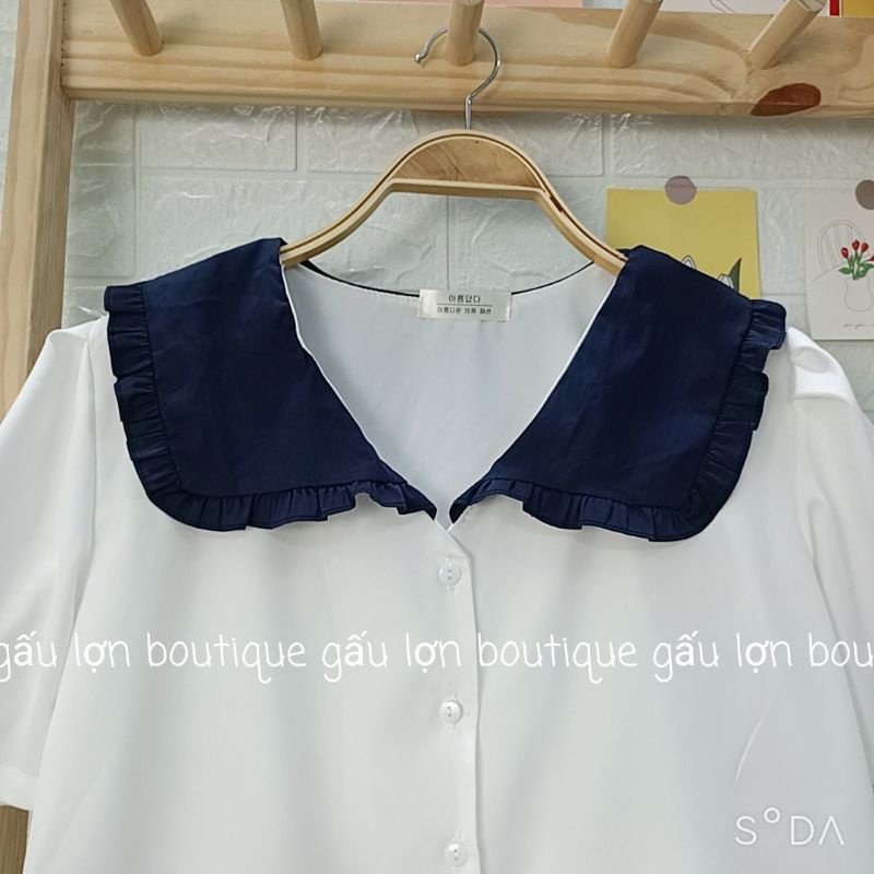 áo sơ mi cổ bèo phối màu tiểu thư ảnh thật