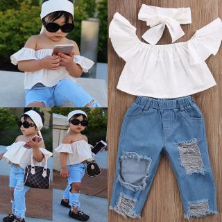 Set áo trễ vai kèm quần jean và băng đô cá tính cho bé gái