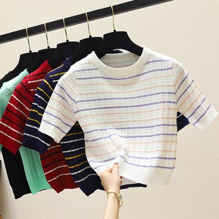 Áo thun len gân cổ tròn tay lửng bo gấu