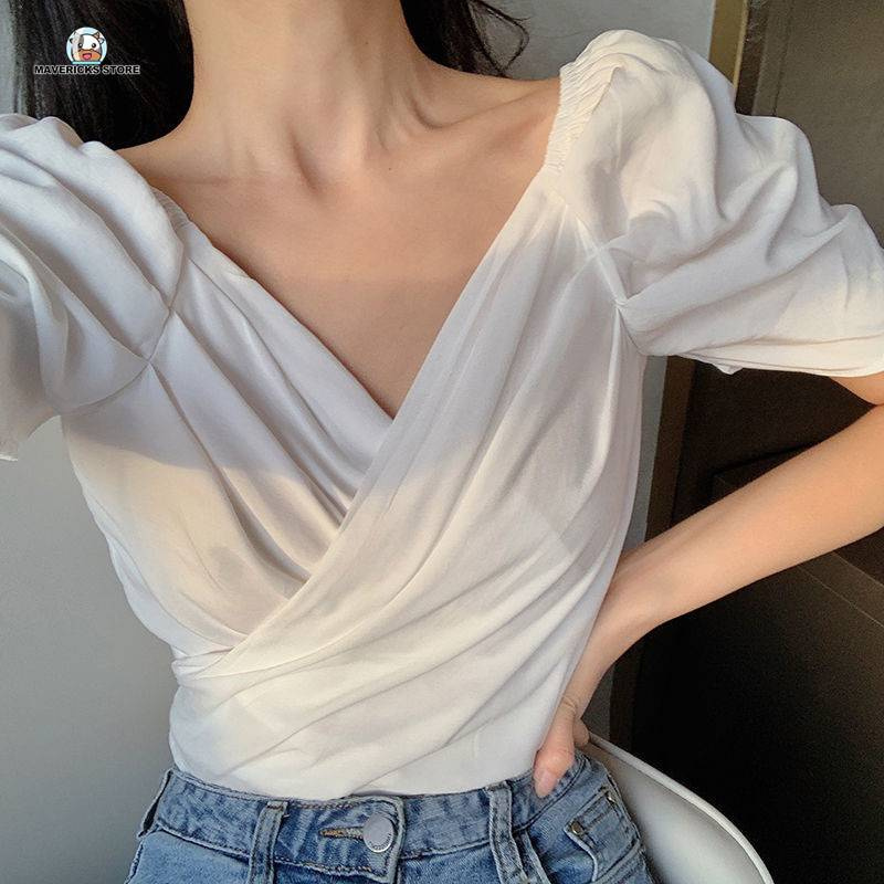 Áo croptop tay phồng cổ chữ v màu trơn thời trang mùa hè cho nữ
