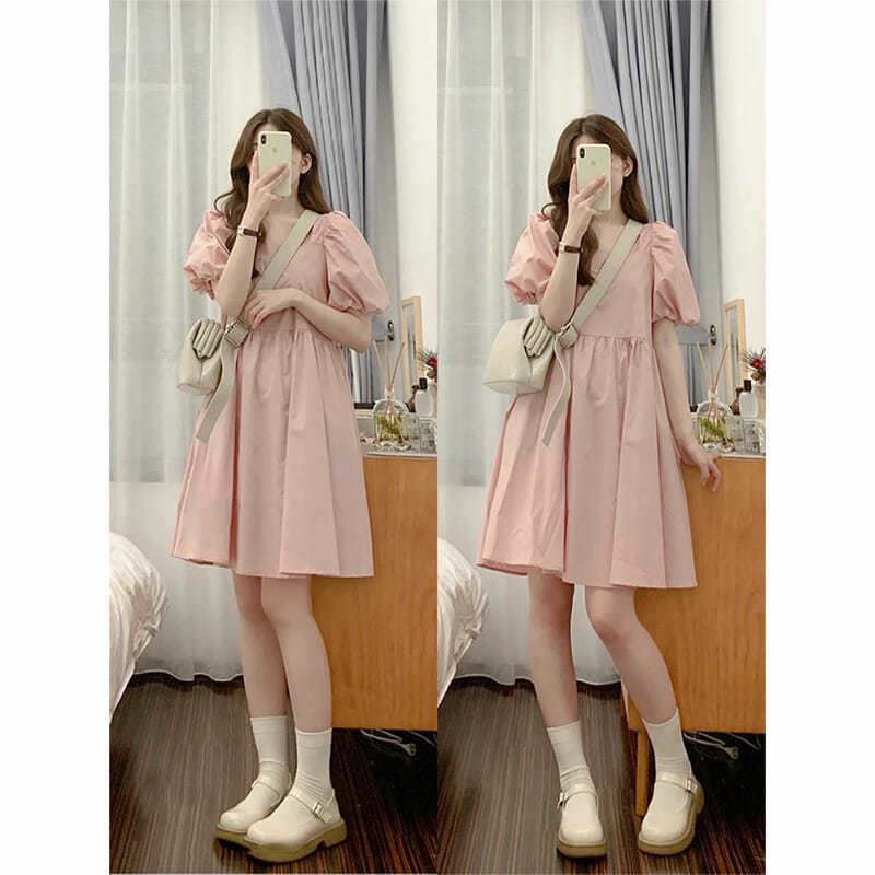 Váy babydoll màu Hồng, cổ vuông tay phồng hàng Quảng Châu siêu xinh - Có sẵn