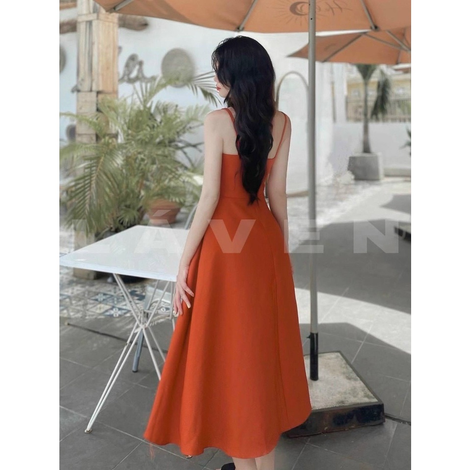 Đầm váy nữ dự tiệc 2 dây trẻ trung ( có mút ngực ) họa tiết dáng xòe, tôn dáng màu cam sáng da siêu xinh