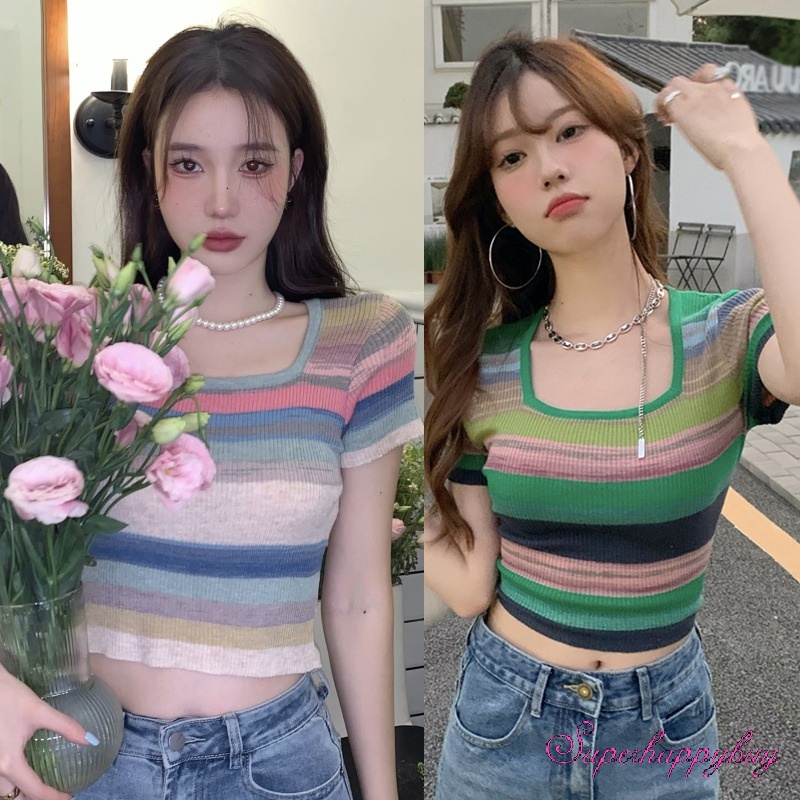 Áo Dệt Kim Ngắn Tay Cổ Vuông Ôm Dáng Họa Tiết Kẻ Sọc Nhiều Màu Sắc Cho Nữ