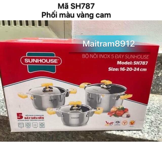 BỘ 3 NỒI INOX 5 ĐÁY SUNHOUSE SH781 - 787 - 788, dùng được mọi loại bếp, kể cả bếp điện từ