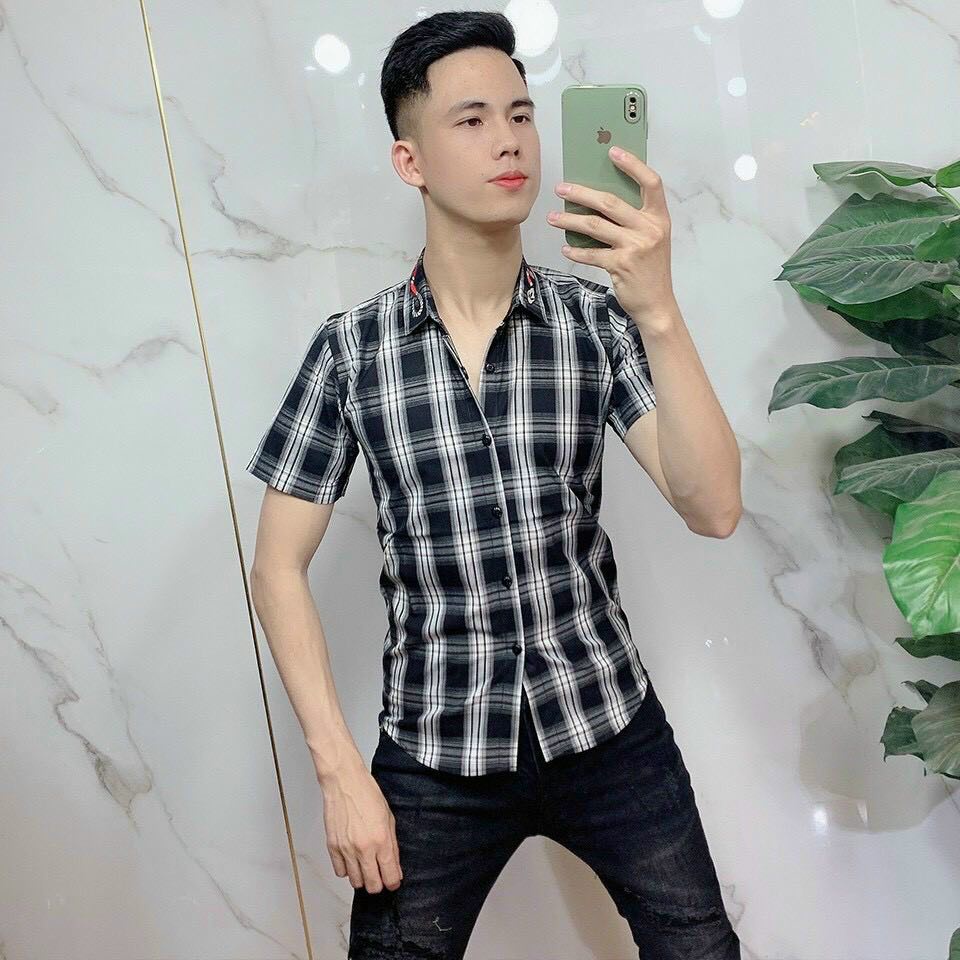 Áo sơ mi kẻ cộc tay cổ thêu rắn Gucci