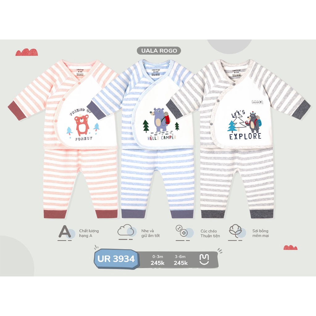 Bộ Uala Rogo Cotton sơ sinh kẻ phối màu gấu teddy cài chéo cao cấp mềm mịn thấm hút tốt cho bé trai bé gái 3934