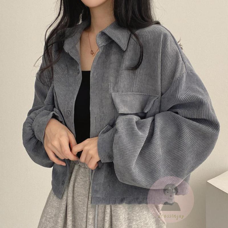 Áo Khoác Nhung Kẻ Tay Dài Màu Sắc Thời Trang Mùa Thu Cho Nữ