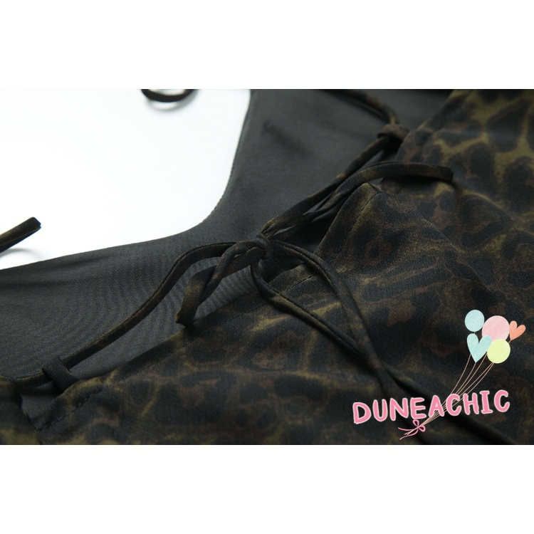 DUNEA Đầm Dây Nữ Cộc Tay Cổ Chữ V In Họa Tiết Da Báo Thời Trang