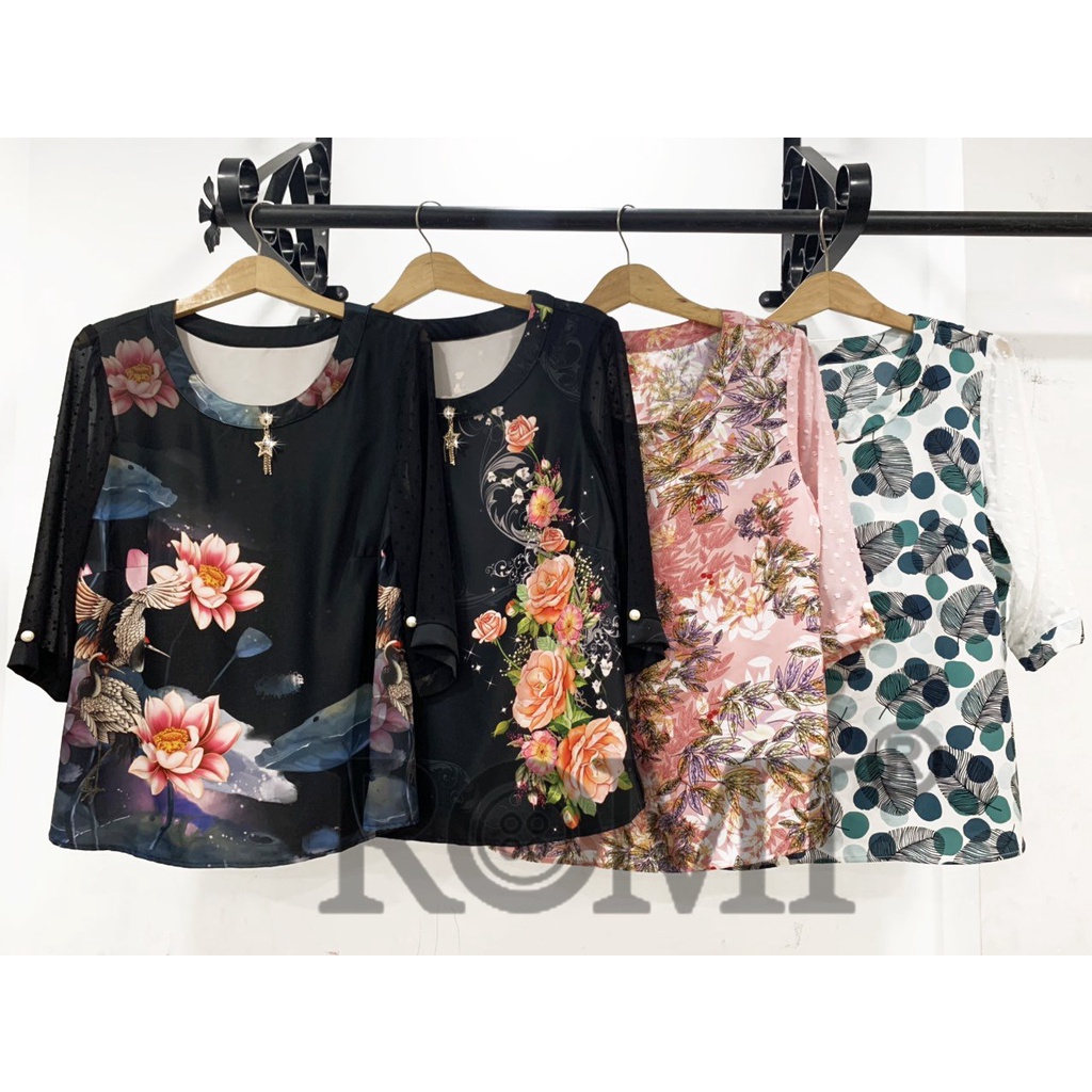ROMI - Áo Trung Niên Kiểu U50-60 Bigsize Dành Tặng Mẹ Dạng Áo Sơ Mi Xếp Ly Tay Loe Cổ Nhún Bèo Cột Nơ 3A22 3A21