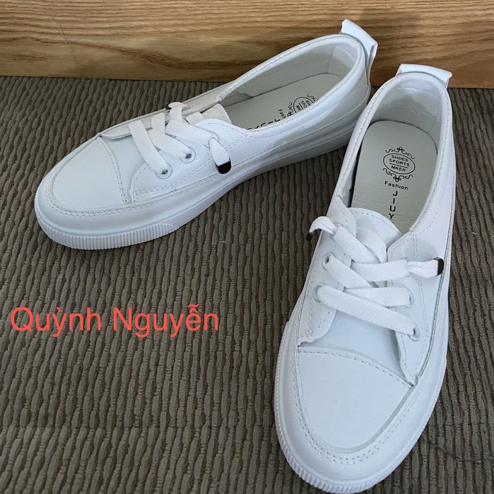 [ Có hình thật] Giày lười nữ màu trắng chất liệu da phối vải TTT01 | BigBuy360 - bigbuy360.vn