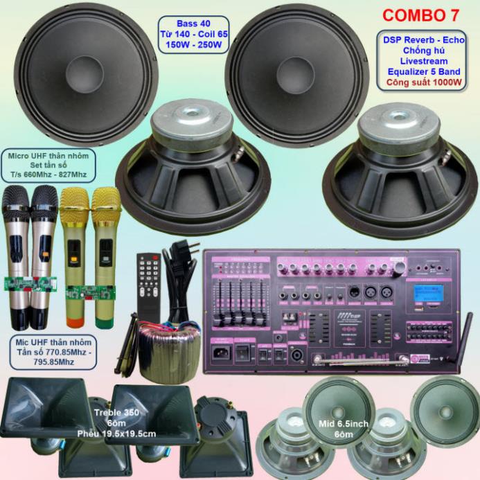 Mạch loa kéo 4 Bass 4 tấc 1000W DSP Reverb Echo có chống hú Livestream - Equalizer 5 Band kèm 4 tay mic
