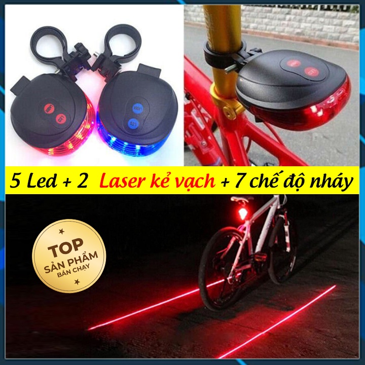 Đèn LED chiếu hậu gắn đuôi xe đạp thể thao có 2 tia Laser kẻ vạch phân làn 7 chế độ nháy cảnh báo an toàn chống nước