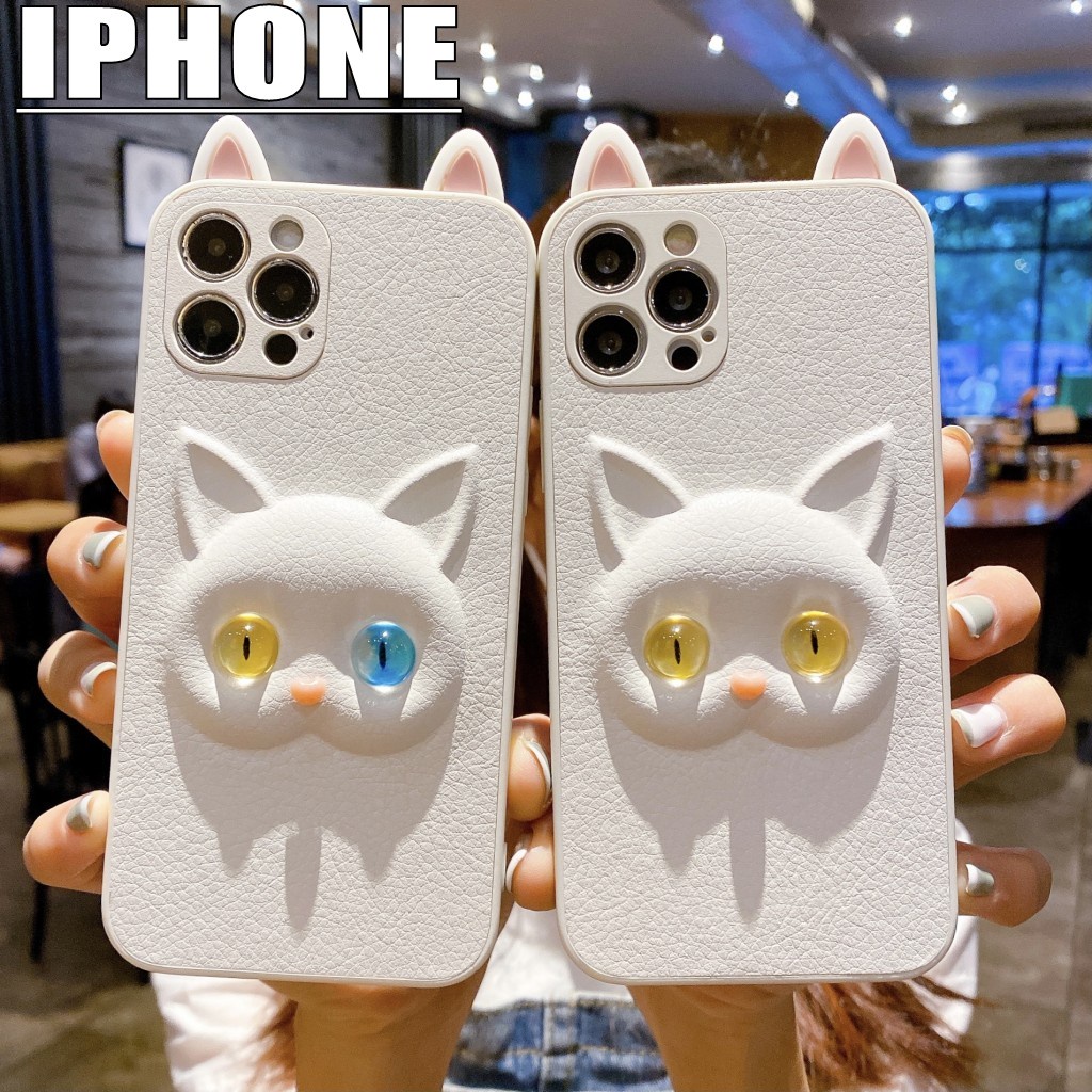 Ốp điện thoại trắng hình mèo 3D có tai bảo vệ camera thích hợp cho IPHONE 13 12 MINI 11 PRO MAX 7 8 PLUS XR X XS SE 2020