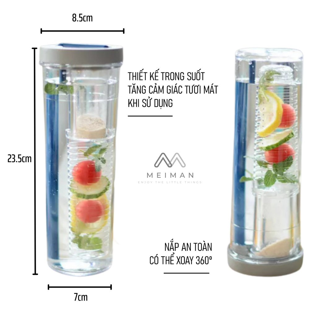 Bình đựng nước có ống hút 700ml | Thiết kế ngăn chiết nước trái cây thông minh