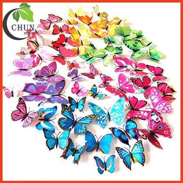 Bộ 12 decal dán tường hình bướm 3D cánh đơn, cánh kép đế nam châm trang trí cửa kính, tủ quàn áo, giỏ hoa, ảnh treo châm