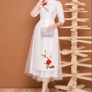 Áo dài cách tân thêu hoa đào SSD293- kèm chân váy